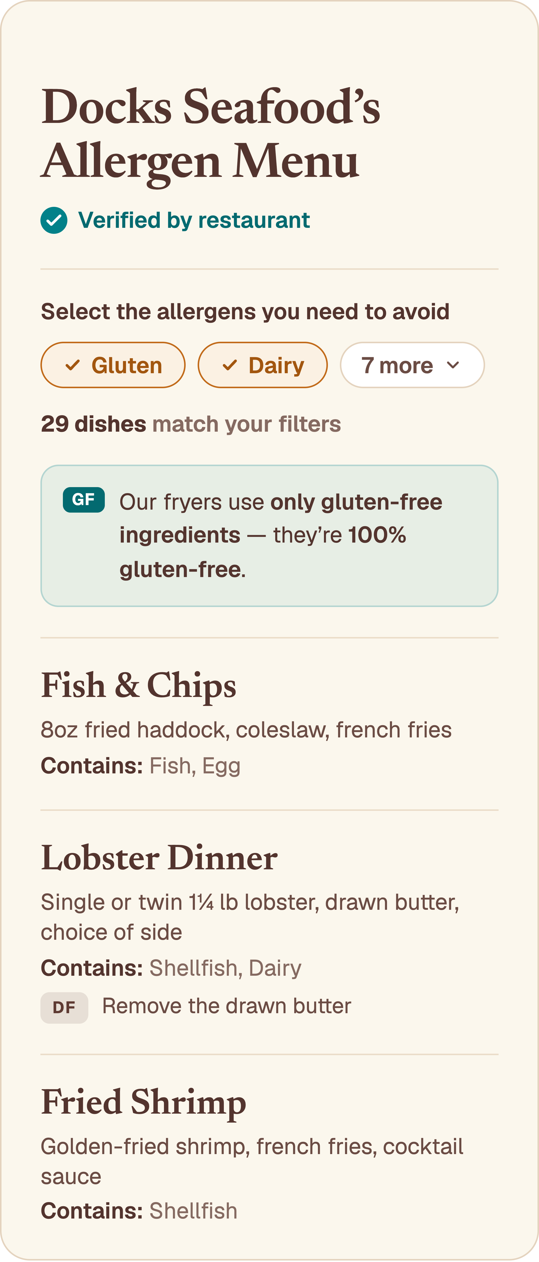 Docks Seafood allergen menu card