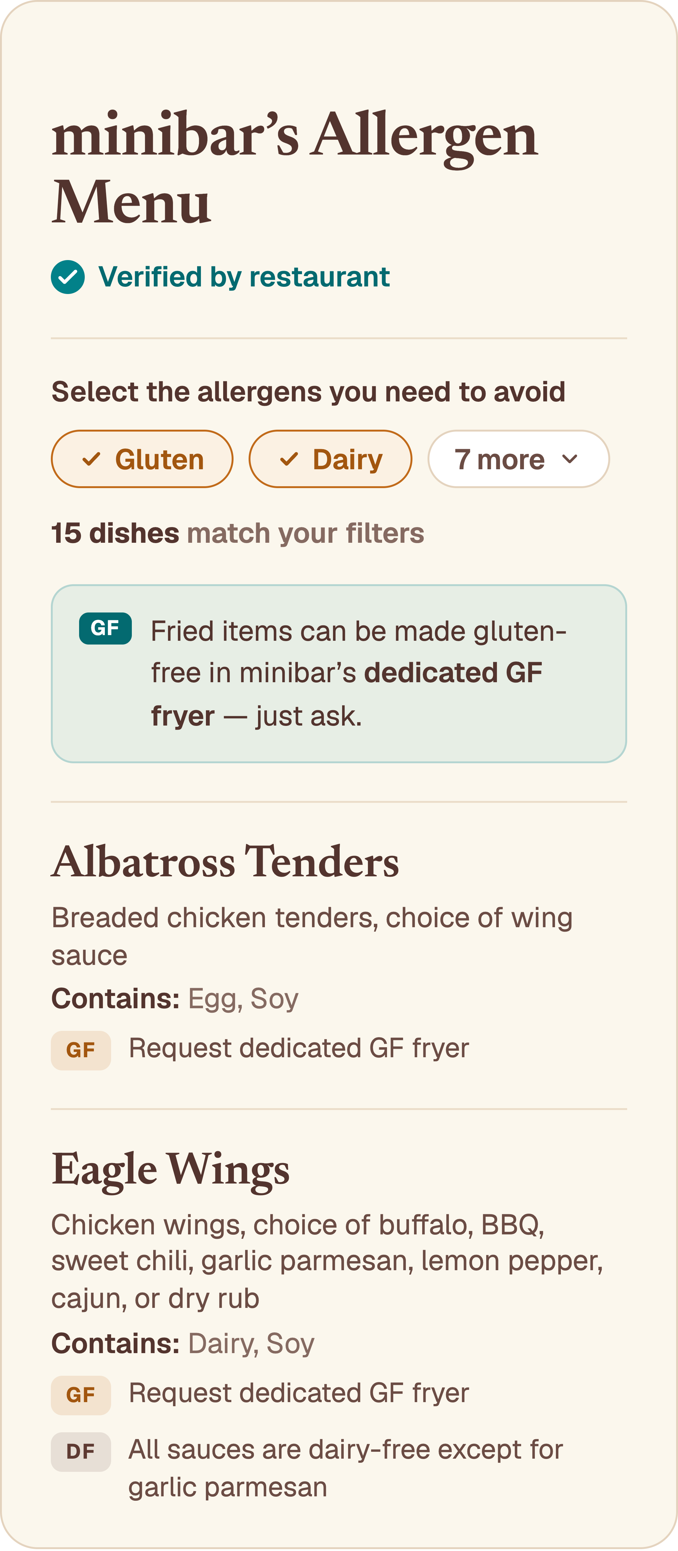 minibar allergen menu card